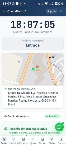Captura real enviada do CheckPonto® no celular, com horário, próxima marcação e mapa da localização